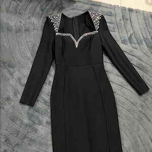 Black Long-Sleeve Dress with Embellished Neckline